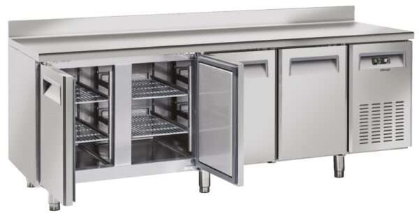 Table réfrigérée en inox avec dosseret 4 portes