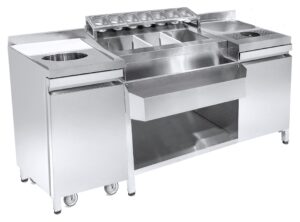 COCKTAILS BAR STATION INCL. ÉVIER, LAVE-VERRES, BACS GN, SPEEDRAIL PORTE-BOUTEILLES, PLANCHE À DÉCOUPER ET POUBELLE