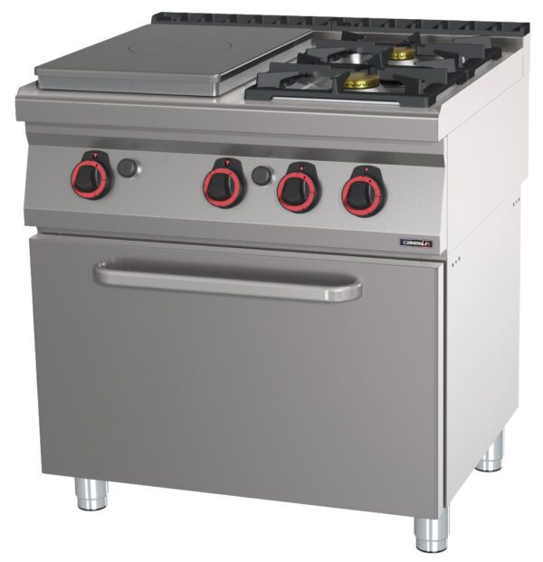 Fourneau gaz 2 feux + 1 plaque coup de feu avec four à gaz GN 1/1 80