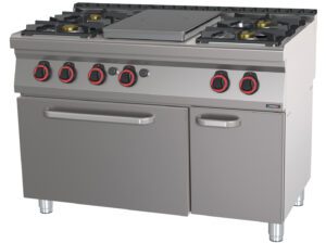 Fourneau gaz 4 feux + 1 plaque coup de feu avec four à gaz GN 1/1 120
