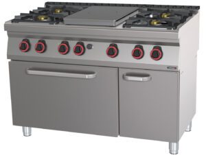 Fourneau gaz 4 feux + 1 plaque coup de feu avec four électrique statique GN 2/1 HP 120