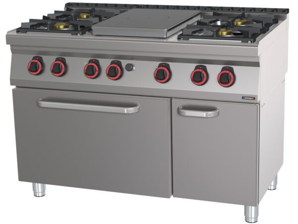 Fourneau gaz 4 feux + 1 plaque coup de feu avec four électrique statique GN 2/1 HP 120 - Matériel professionnel Casselin